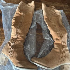 Matisse tan suede over the knee Boots with stitched design.